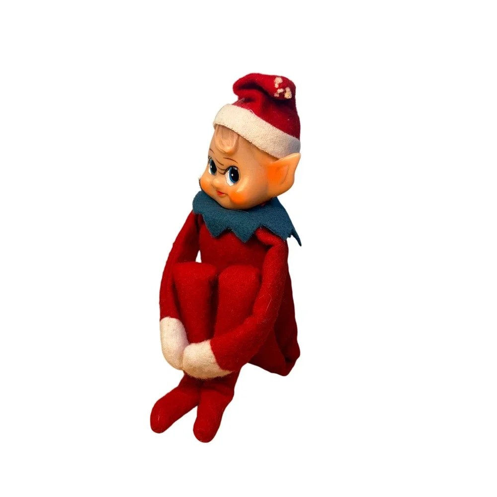 Vintage Christmas Elf Knee Hugger 1960s Red Felt Rubber Face Kitsch Decor